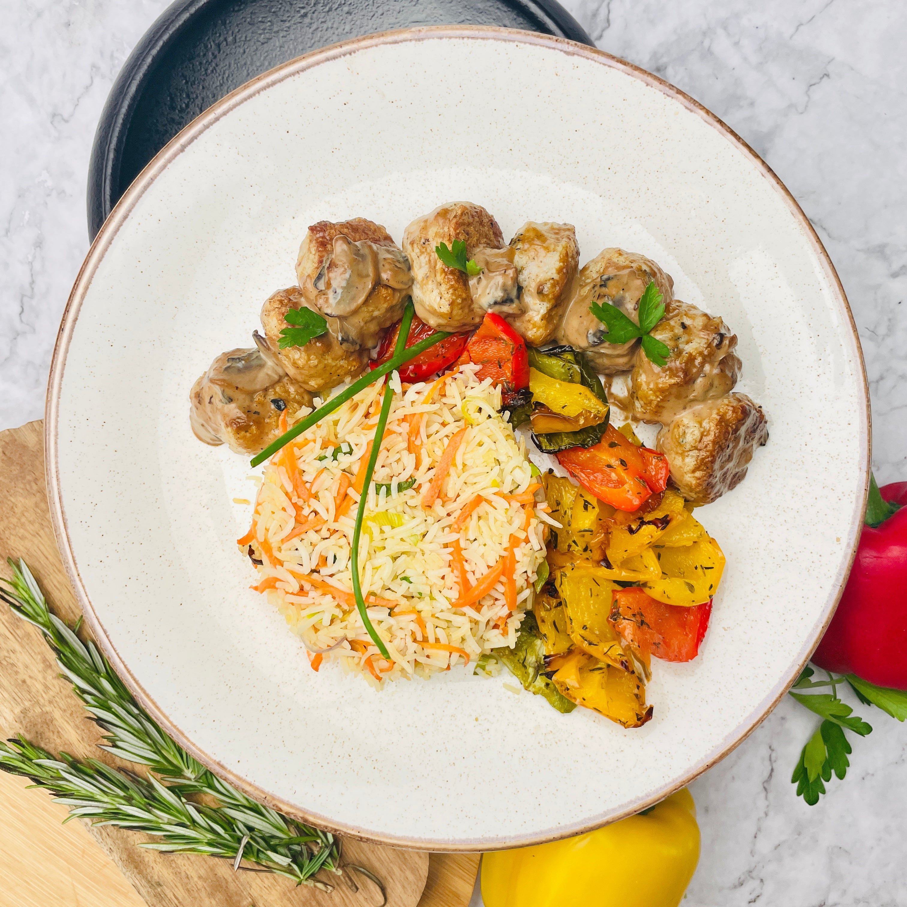 Chicken Meatballs in Mushroom Gravy, Jewelled Rice