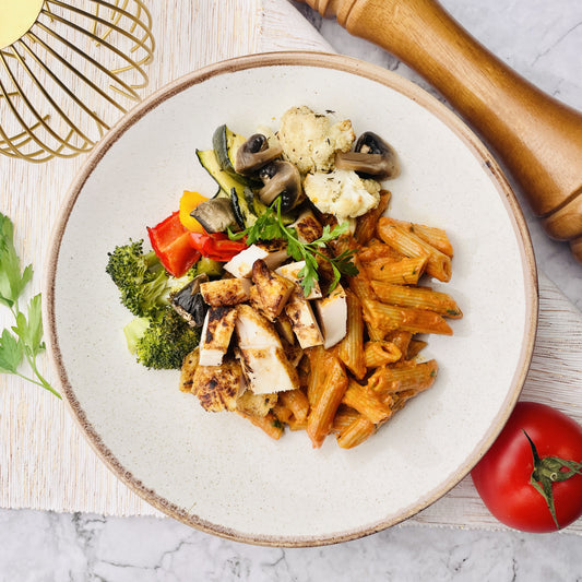 Chicken Whole-Wheat Penne Arabiatta with Roasted Veg