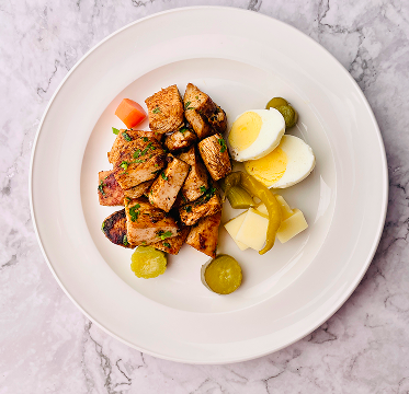 Charcoal Chicken, Boiled Egg. Cheddar Cheese