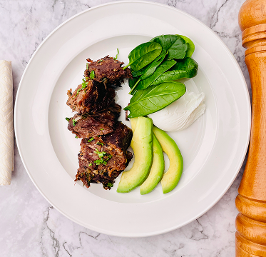Beef Roast, Poached egg, Sliced avocado, and Baby spinach