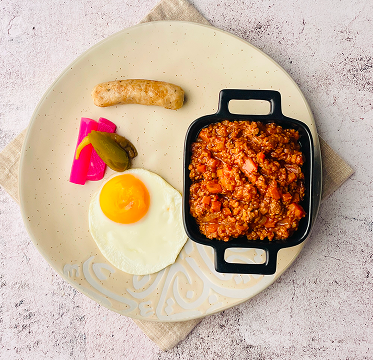 Beef Ragu, Chicken Sausage, Boiled egg and Pickle