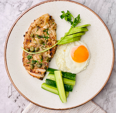 Chicken Picatta, Sunny Side Up Egg, Cucumber and Avocado