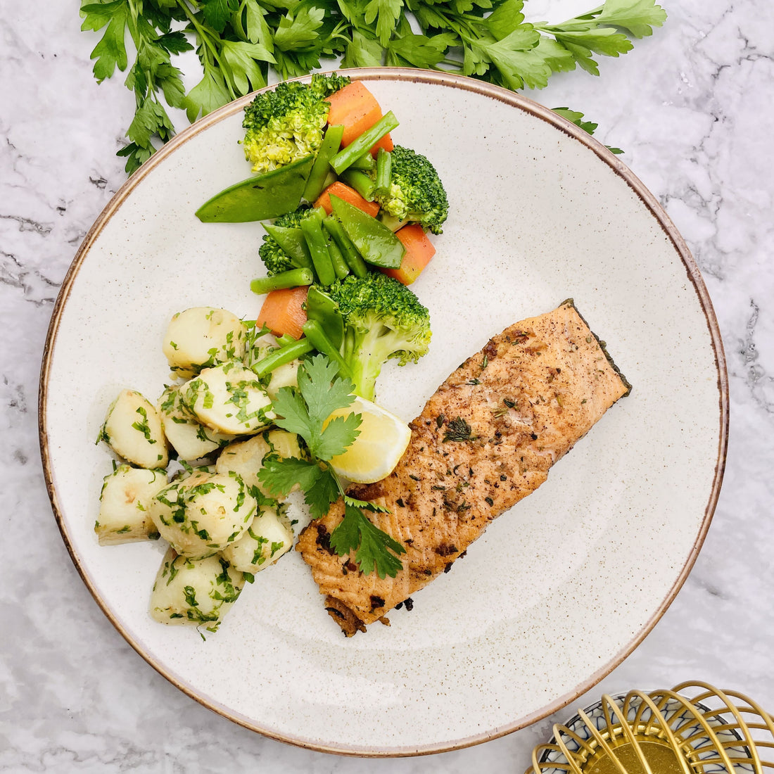 Grilled Salmon Lemon Herb with Broccoli Carrots & Parsley Potato