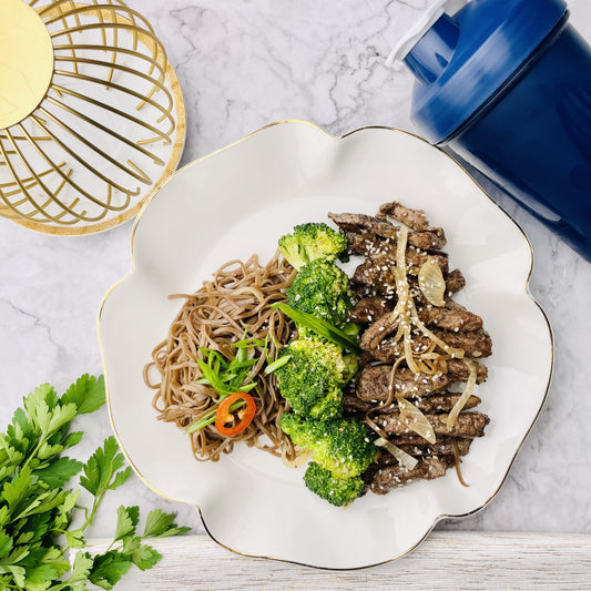 Honey Chili Beef with Buckwheat Noodles & Broccoli