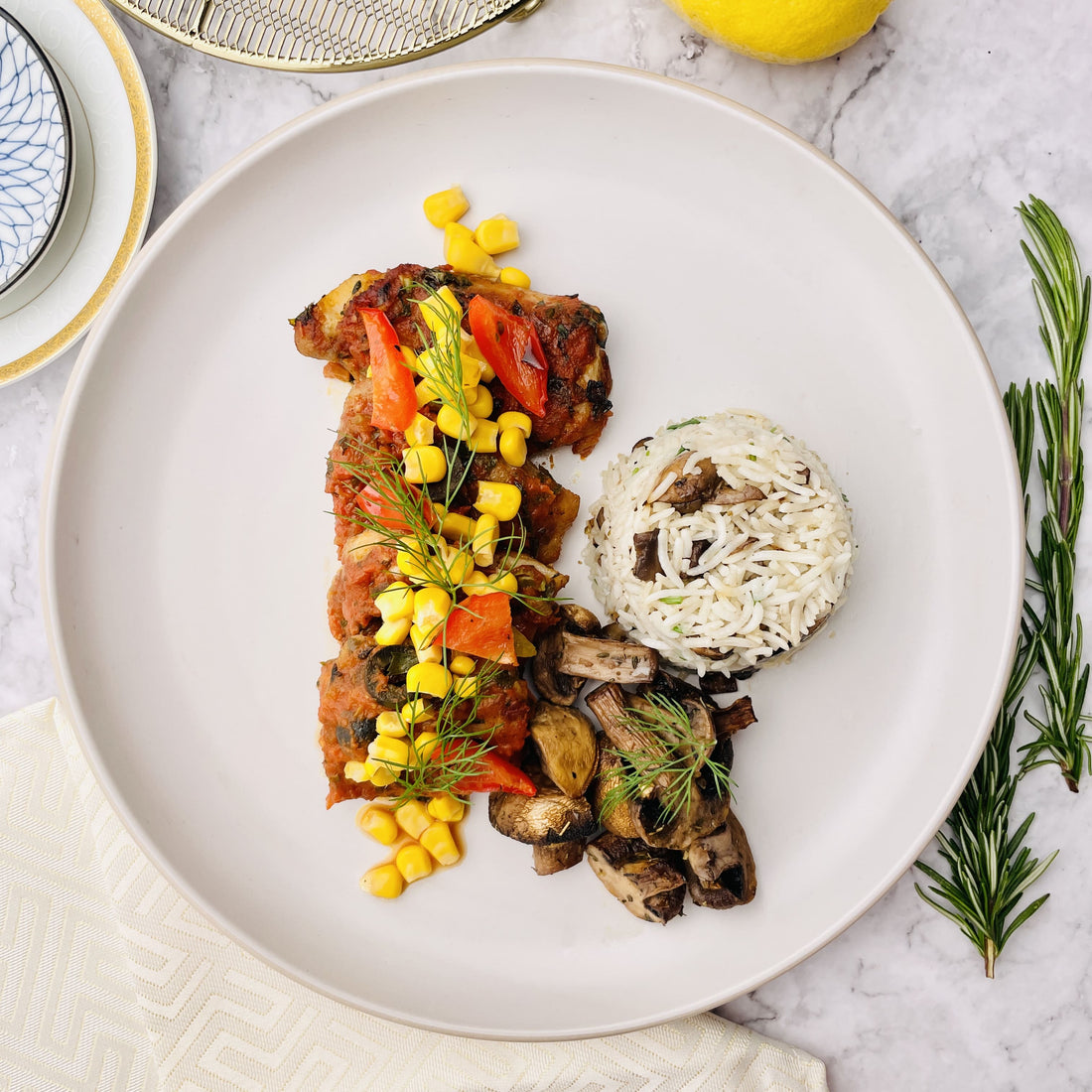 Sicilian Fish, Mushroom Oriental Rice with Sweet Corn Mushrooms