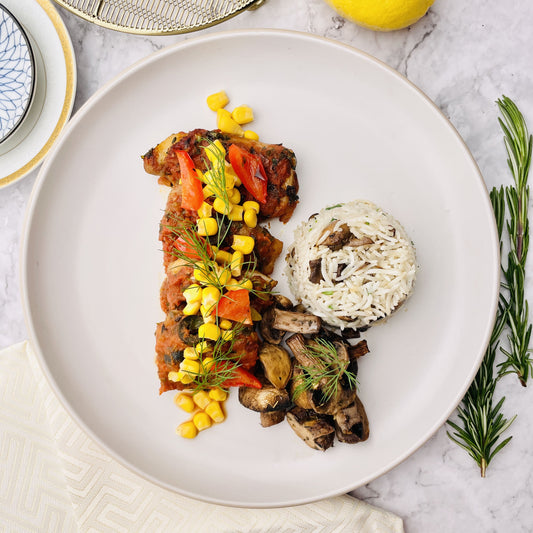 Sicilian Fish, Mushroom Oriental Rice with Sweet Corn Mushrooms